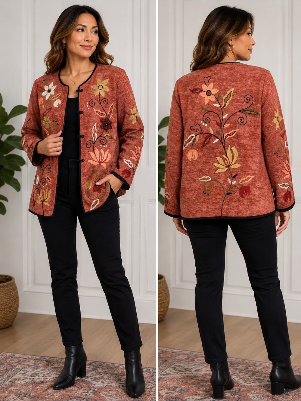 Indigo Moon Jacket Size XS Coral Rust Embroidered Floral Boho Art-to-Wear